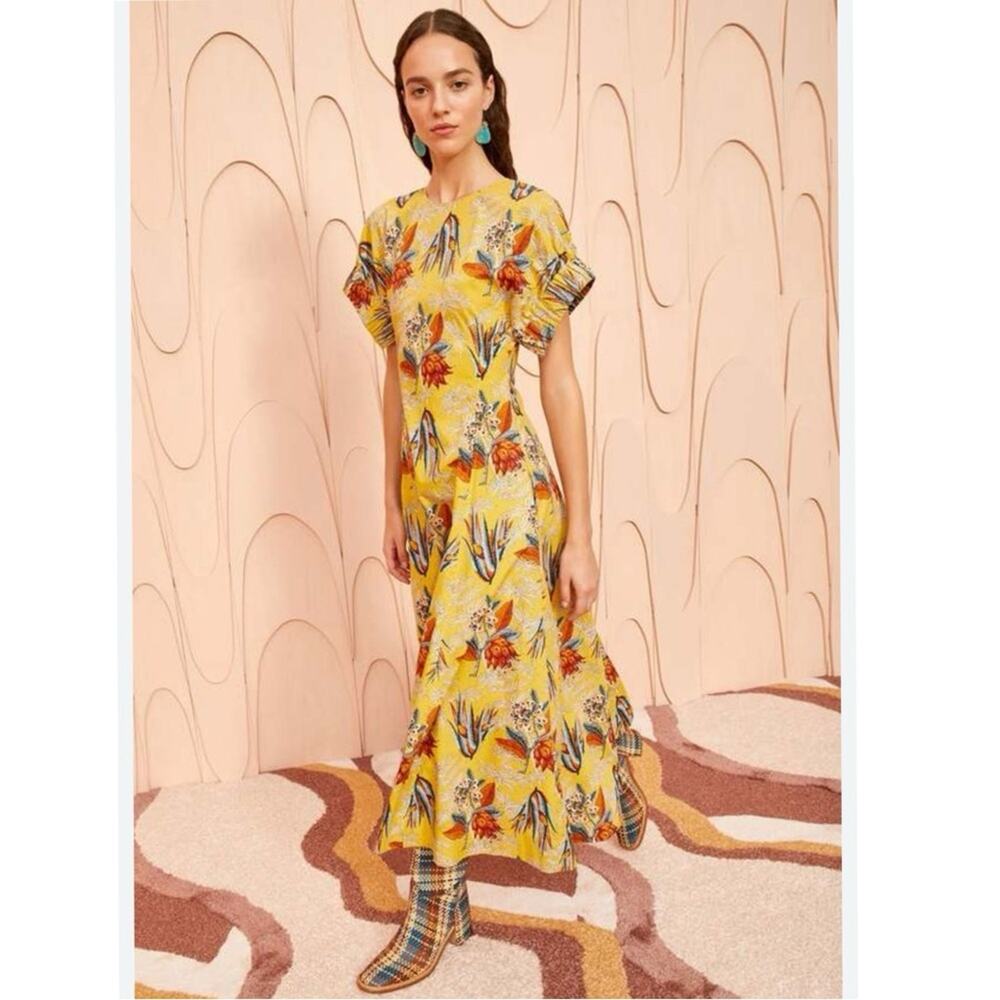 ULLA JOHNSON Devon Cotton Poplin Floral A-line Midi Dress with Pockets - Picture 2 of 12